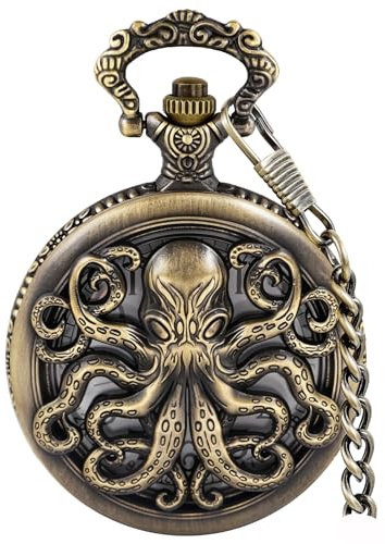 Tiong Orologio da tasca vintage con polpo/drago, al quarzo, con catena, per Natale, laurea, compleanno, festa del papà, 72-bronzo, Classico