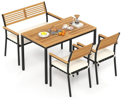 COSTWAY Conjunto Jardín Exterior de 4 Piezas, Madera Acacia, Muebles de Comedor con Mesa, 2 Sillas, Sofá de 2 Plazas，Mesa y Sillas Jardin Patio Terraza Balcon