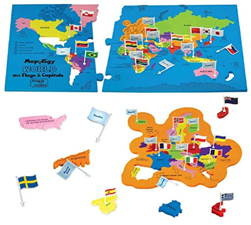 Imagimake Mapology World Map Puzzle Jigsaw with Flags and Capitals | 78 Pieces Geography Puzzles for Kids, Educational Stem Toys & Games | 5 Year Old Boy Gifts | Christmas Gifts for Boys & Girls