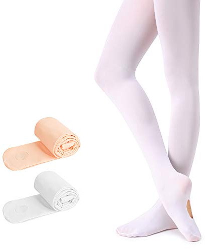 Soudittur Kinder Ballett Strumpfhose Convertible Tanz-Strumpfhosen mit Fersenloch 90D für Mädchen und Damen Rosa, Weiß, Schwarz