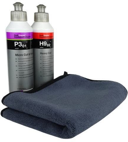Dreiteiliges Politurset Koch Chemie Heavy Cut 250ml + Micro Cut & Finish mit Carnauba 250ml + 1x ADVANTUSE Mikrofasertuch