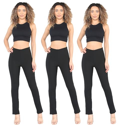MyShoeStore Pack of 3 Ladies Bootleg Trousers Women Boot Cut High Rise Stretch Soft Finely Ribbed Pull On Nurse Carer Work Bottoms Elasticated Waist Pants Plus Big Size(Black, 18/29)