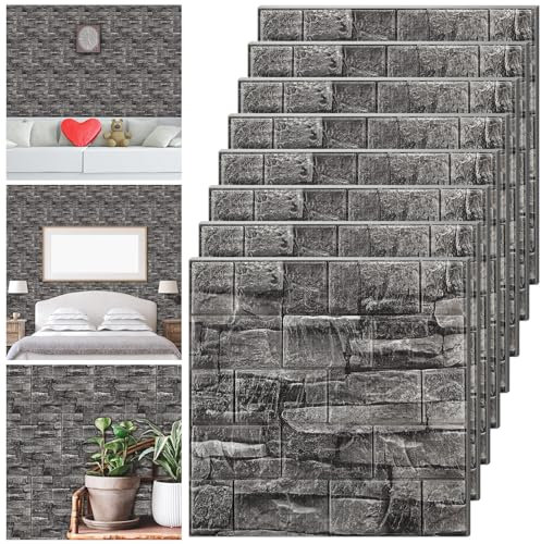 Tinlade 30 Pcs 28.81 Sq ft 3D Wall Panels Peel and Stick Foam Brick Wallpaper Printable Faux Brick Wall Panels Decorative Self Adhesive Tiles Waterproof(Rock Black)