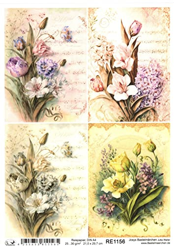 Josys Bastelmärchen Reispapier A4 Strohseide Decoupage Motiv Vintage Blumen Notenblatt RE1156