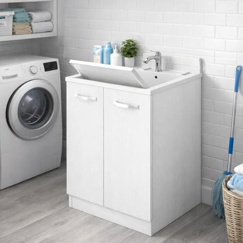 Linea Azzurra Lavatoio con Mobile a 2 Ante in Legno 61x86x50cm Made in Italy Bianco Frasinato per Esterno e da Interno per Lavanderia Lavapanni Moderno ed Elegante