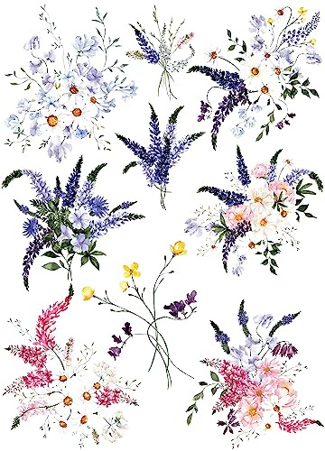 Wildblumen-Blumenstrauß, Reispapier, 29,21 x 40,64 cm – 9 einzigartige Blumenstrauß-Bilder, gedruckt auf 36 g/m² Maulbeerpapier, sichtbare Fasern für Decoupage-Möbel, Renovierungshandwerk.