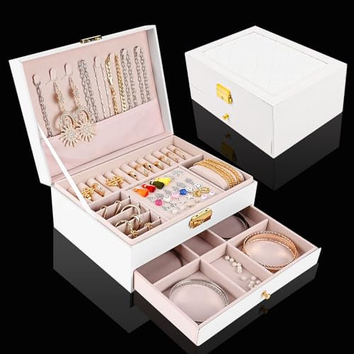 Weinsamkeit Scatole portagioie per Donna,Scatola di Gioielli a 2 Strati,chiusura a chiave Scatola di Gioielli in pelle impermeabile, per Anelli Bracciali Orecchini Collane Regali Orologi (Bianco)