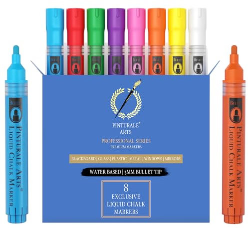 Pinturale Arts Set 8 Kreidestifte Für Fenster | 3mm Spitze | Kreidemarker Fenster | Chalk Marker, Kreidestift, Glasstift, Fensterstifte Abwaschbar