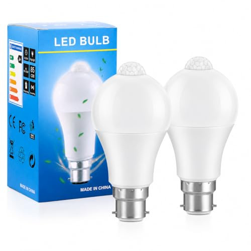 B22 Bayonet Bulb Motion Sensor LED Light Bulbs 12W Energy Saving Cool White | 2PS B22 LED Bulb 6000k Lightbulbs Auto On/Off for Stairs, Corridor, Garage, Walkway, Basement