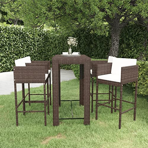 Gecheer Gartenbar Set 5-TLG.mit Kissen Theke Bar Tresen Gartentheke Bartisch Stehtisch Barhocker Barstuhl Gartenmöbel Poly Rattan Braun