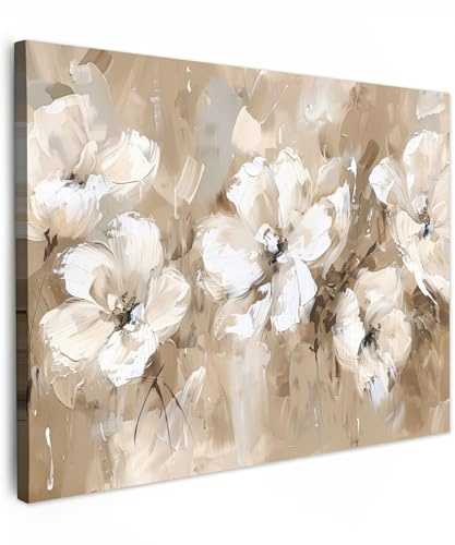 MuchoWow© Bilder Wohnzimmer Deko Modern Wandbild Kunstdruck auf Leinwand | 80x60 cm - Bild Schlafzimmer über Bett Room Decor Geschenke Blumen - Aquarell - Beige - Kunst