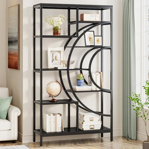 Tribesigns 179cm Geometrisches Bücherregal, Industrielles 8-stöckiges Bücherregale, Rustikales Bücherschrank mit Metallrahmen, hohes freistehendes offenes Lagerregal für Wohnzimmer (Schwarz, 1pc)