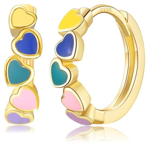 PDTU Ohrringe Creolen Silber 925/Gold, Ohrringe Gold Mädchen Bunt Herz Creolen Silber 925 Klein Huggies Schlafen für Damen Mädchen Kinder