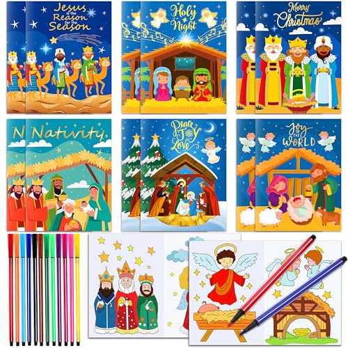 DPKOW Malbücher Weihnachtskrippe, 12-teiliges DIY Kunst Malbuch Religiösen Weihnachten Mitgebsel Kinder, Ausmalbücher Weihnachtskrippe Gastgeschenke Weihnachten Weihnachtsstrumpffüller, mit 18 Stiften