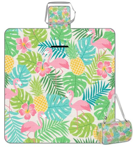 Mularoka Picknickdecke mit Ananas-Flamingo-Blume, wasserdicht, sanddicht, faltbar, Stranddecke, 150 x 145 cm, extra groß, tragbar, waschbar, Outdoor-Matte für Camping, Park, Gras, Wandern, Reisen
