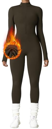 OEAK Tuta Intera Donna Invernale Felpata Sportiva Aderente Maniche Lunghe in Pile Elegante con Cerniera Tinta Unita per Yoga Palestra Ginnastica, Marrone, S