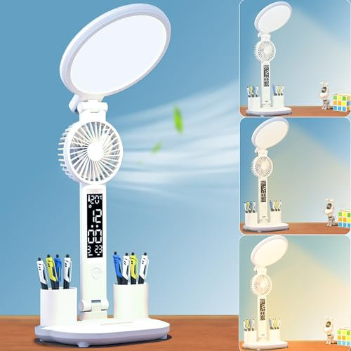 WLHONG LED Schreibtischlampe Kinder mit Ventilator,Dimmbare Nachttischlampe Kinder mit Uhr Stifthalter Kalender Temperatur,3 Farbtemperaturstufen Leselampe für Mädchen Jungen (Runder)