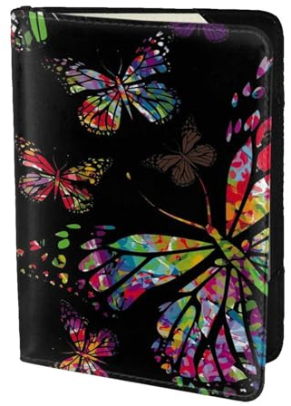 FLYIFE Reisepasshülle mit buntem Schmetterlings-Motiv, 14 cm, Leder, Reisepasshülle für Damen und Herren, Schwarz , Einheitsgröße