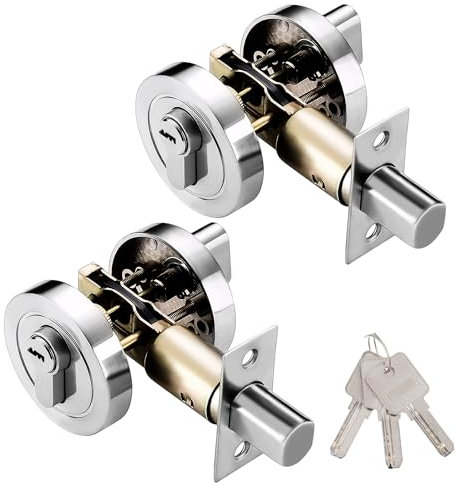 2 PCS Single Cylinder Deadbolt Round Security Door Lock with Key - Zinc Alloy Deadbolt Standard Size for Bathroom, Bedroom, Entrance Doors - Interior and Exterior (35-50mm)