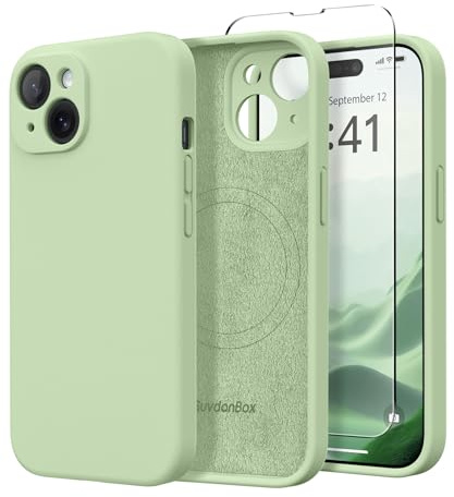 SuydanBox Magnetische Schutzhülle für iPhone 15, kompatibel mit MagSafe, [Displayschutzfolie + vollständiger Kameraschutz], stoßfeste, Kratzfeste Silikon-Schutzhülle für iPhone 15 6,1 Zoll, Matcha