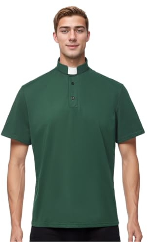 Camisa Polo Sacerdote Hombre con Alzacuellos Cuello Clero Camisa de Manga Corta para Disfraz de Iglesia, verde oscuro, 46