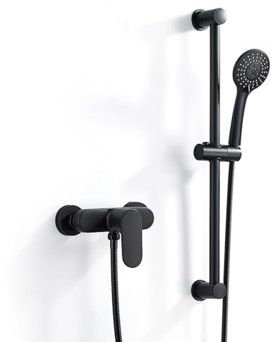 Rehomthy Monamando de Ducha Negro, Grifo de Ducha Monomando con Barra de Ducha Ajustable, ducha de Mano, Manguera de Ducha