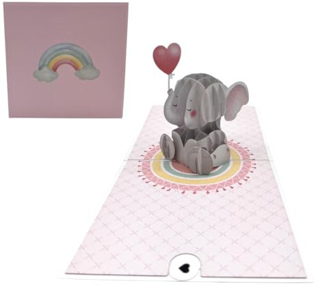 3D Pop-Up Karte mit Elefant, Rosa Regenbogen-Design, Handgemacht, Glückwunschkarte zur Geburt