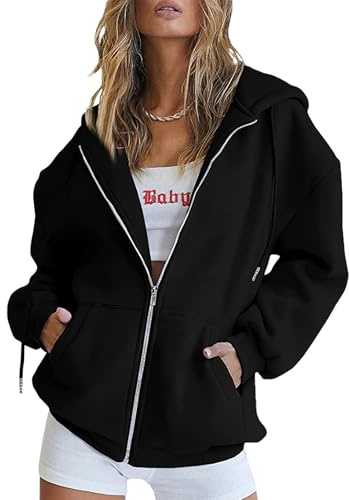 amropi Sudadera de Mujer Deportiva Chaqueta con Capucha y Cremallera Casual Hoodie Abrigo Negro,L