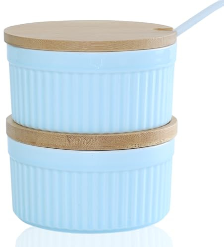 YAZYLIFE Salt and Pepper Bowls, 8OZ Ceramic Spice Cellars with Lid and Spoon For Kitchen, Condiment dispensers,Stacking Container for Salt, Pepper,Sugar, Spice, Set 0f 2. (Blue)