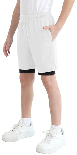 QBK Toddler to Youth Boys 2 in 1 Athletic Shorts Basketball Compression Shorts with Liner for Girls Soccer Running Sports(White 6T)