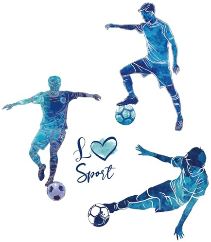 PLIGREAT 3 Blätter Fußballspieler Wandtattoos, Fußballspieler Silhouette Wandaufkleber blau schälen und kleben Vinyl Sport Kunst Wandbilder für Krankenzimmer Klassenzimmer Schlafzimmer Wohnkultur