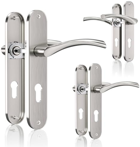 Bwintech 3 jeu de poignée de porte en nickel brossé avec trou d'écusson, distance de 195 mm entre les trous de vis, espacement de 70 mm entre les trous de serrure, convient aux portes intérieures.