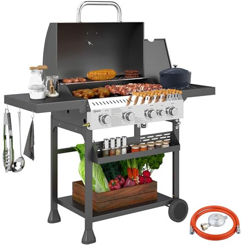 Outsunny Barbecue a gas 12 KW 4 + 1 bruciatore per barbecue, in acciaio inox, con bruciatore laterale, termometro, piano cottura, apribottiglie, ripiani laterali, griglia a gas per balcone, campeggio