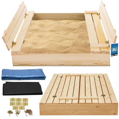 KOTARBAU® Arenero Infantil - con Tapa - Arenero Niños - Madera de Pino - 100 x 100 cm - Natural - Cajón de Arena - para Niños Exterior - con Bancos - Velo Antihierbas - Resistente