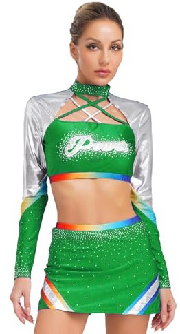 Yihuimin Damen Glitzer Cheer Leader Kostüm Langarm Crop Top Bauchfrei Oberteile und Minirock Cheerleading Kostüm Tanzkostüm Halloween Fasching Clubwear Grün M