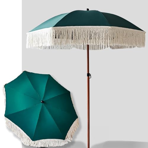 OPOLDBDMAC Klein Strandschirm Boho Sonnenschirm FransenSchirm Wasserdicht UV-Schutz Terrassenschirm Tragbarer Gartenschirm Tischschirm Dunkelgrün