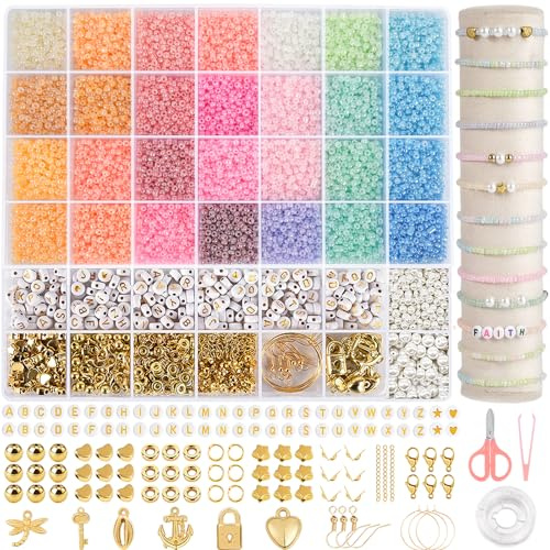 RUBY Perlen zum Auffädeln 24 Farben Perlen Set, Mini Glasperlen mit Smiley und Buchstaben Perlen Selber Machen Armbänder Charm Kit für DIY Armband Schmuckherstellung Kit (3mm - 24 bunte2)
