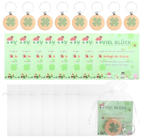 Lot de 8 Porte-clés Trèfle à Quatre Feuilles Porte-Bonheur, Porte-clés Bois avec Carte de Vœux et Sachets Organza, Cadeaux Chance pour Examens, Noël, Anniversaires, Remerciements, Amis et Collègues