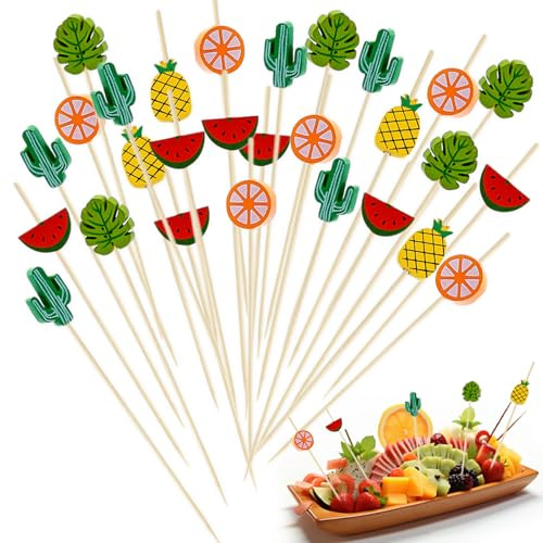 ZHITENG 100 Piezas Palillos de Cóctel, Palillos para Aperitivos de Bambú Decoración para Cocteles 12 cm Palilleria para Brochetas de Frutas, para Comida la Parrilla Bebidas Frutas (Tema de Verano)