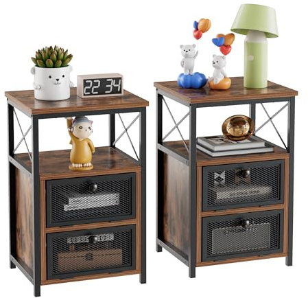 VECELO End Side Table, Modern Night Stand with Storage Space and Door, Set of 2 Nightstands for Living Room,Bedroom,Lounge,Antique Brown
