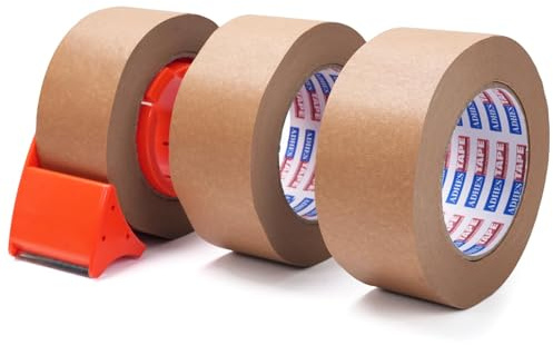 ADHES Kraft Paper Tape with Dispenser, 2 in x 55 yds x 3 Rolls – Eco Friendly Brown Packing Tape, Strong Adhesive, Easy Cut Tape Dispenser for Shipping, Moving & Packaging