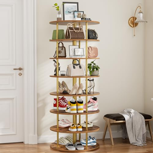 Flycity 360° Drehbares Schuhregal, 7-stöckiges Regal für Schuhe und Taschen, Platzsparend für Wohnzimmer und Schlafzimmer, Braun