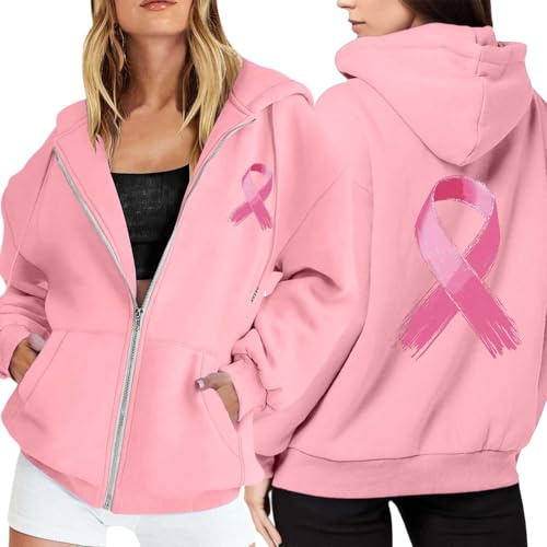 Sweat Octobre Rose Automne Hiver Chaude Sweat a Capuche Femme Zippé Imprimé Ruban Rose Cancer du Sein Sweatshirts Sport Décontracté Veste Mi Saison Oversize Pulls, Gilets 2025