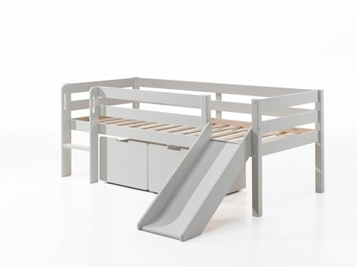 FURNLUX Lit mezzanine Pino, 175 x 208 x 83 cm, avec toboggan, blanc, design de hauteur moyenne, pin et MDF, surface de couchage 90 x 200 cm, avec 2 tiroirs de rangement