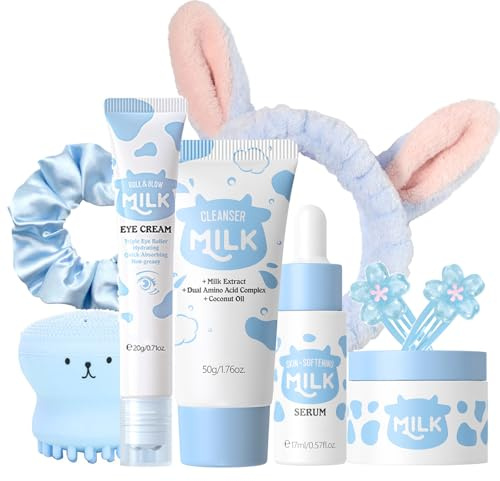 9 pezzi set e kit per la cura della pelle al latte per ragazze adolescenti - Set nutriente e idratante per la cura della pelle - Spazzola detergente e detergente per il viso, siero, crema viso e occhi