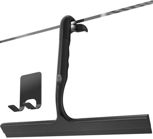 Shower Squeegee for Glass Doors, 25cm All-in-One-Piece Silicone Squeegee with Built-in Hook,Streak-Free Cleaning for Shower Doors, Tiles,Mirrors,Windows,Ergonomic Non-Slip Grip,Easy Hanging,Black