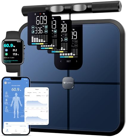 Tychesy Körperfettwaage mit Handsensoren, 8 Elektrode Waage mit Körperfett und Muskelmasse, BMI, und 50+ Körpermesswerte, Digitale Personenwaage mit Körperfettanalyse, Bluetooth App, VA-Display, 180kg