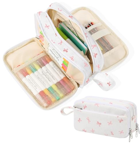 BuyCard Pink Bow Corduroy Pencil Case Large Capacity,Large Aesthetic Pen Pouch for Office School, Minimalist Pen Case for Teens Students
