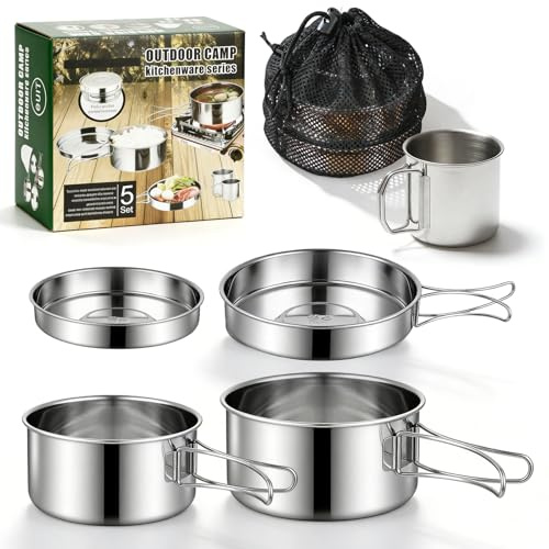 5-Piece Camping Cookware Set, Outdoor Cookware, Camping Crockery Set, Stainless Steel Portable Cooking Pot with Storage Bag and a Foldable Cup for 1-3 Picnics, Backpacking, Hiking