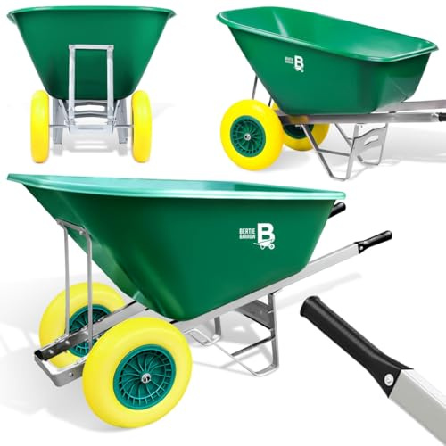 Equimed Garden Wheelbarrow - Extra Large Trolley with 200L Plastic Bucket, Puncture-Proof PU Wheels, Galvanised Frame (Green/Yellow)